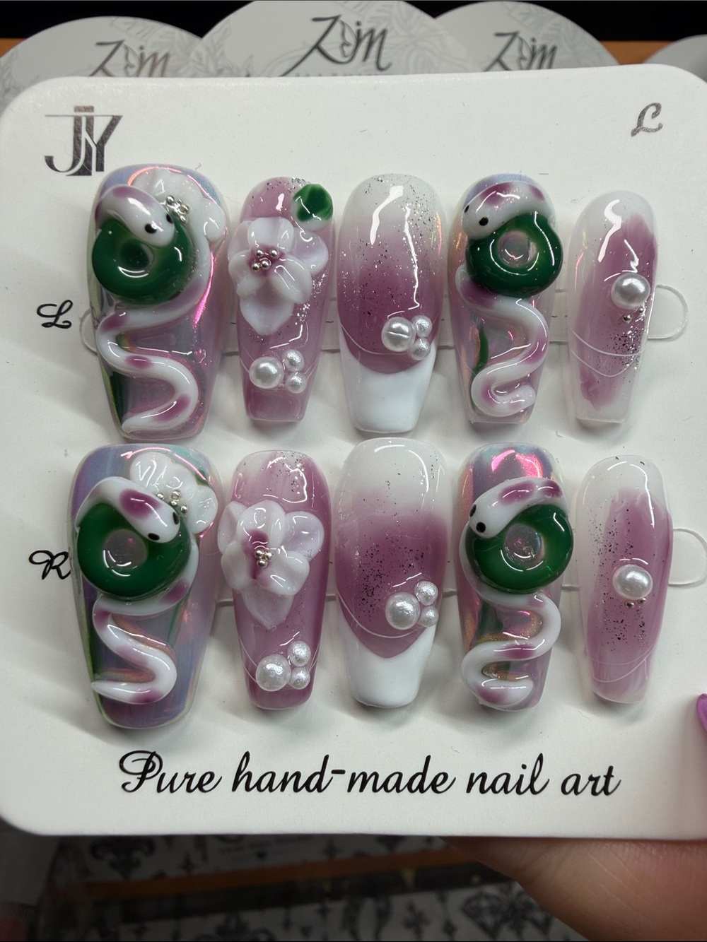 Handmade Pink and Green 3D Snake Nail Art Set -